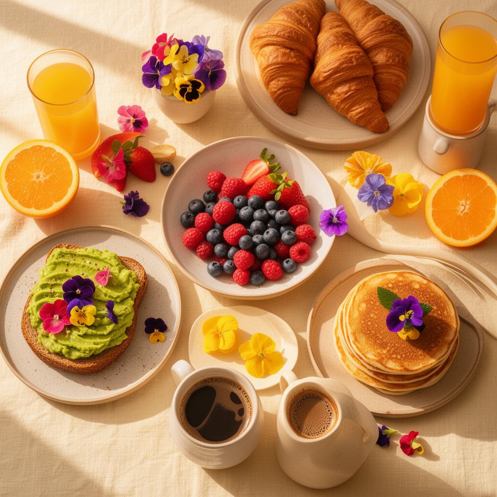 Table de brunch ensoleillée avec toast à l'avocat, fruits frais, viennoiseries et café